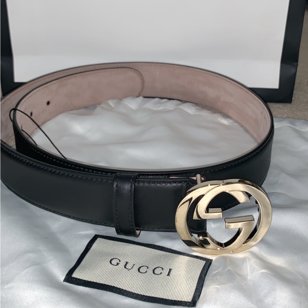 Gucci Black and Gold Belt with Interlocking GG Buckle